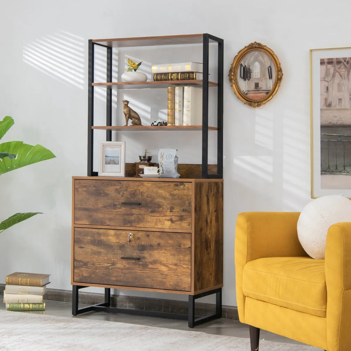 NNECW Freestanding 4-Tier Letter Size Lateral File Cabinet with Lock & Bookshelf
