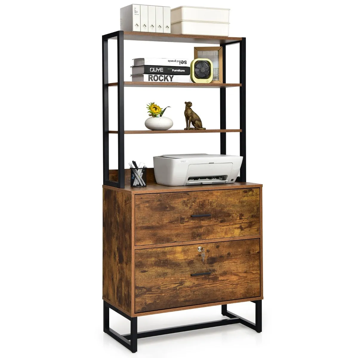 NNECW Freestanding 4-Tier Letter Size Lateral File Cabinet with Lock & Bookshelf