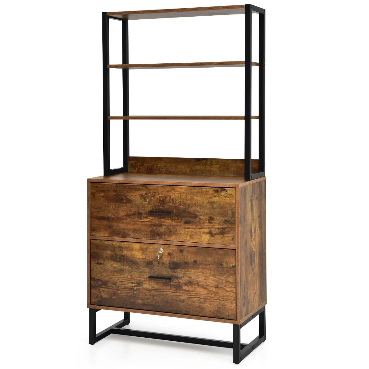 NNECW Freestanding 4-Tier Letter Size Lateral File Cabinet with Lock & Bookshelf