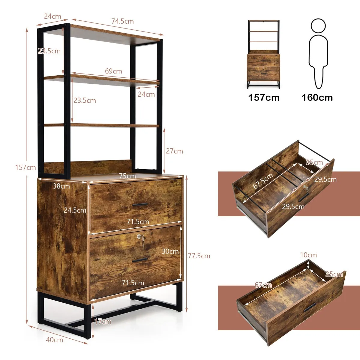 NNECW Freestanding 4-Tier Letter Size Lateral File Cabinet with Lock & Bookshelf