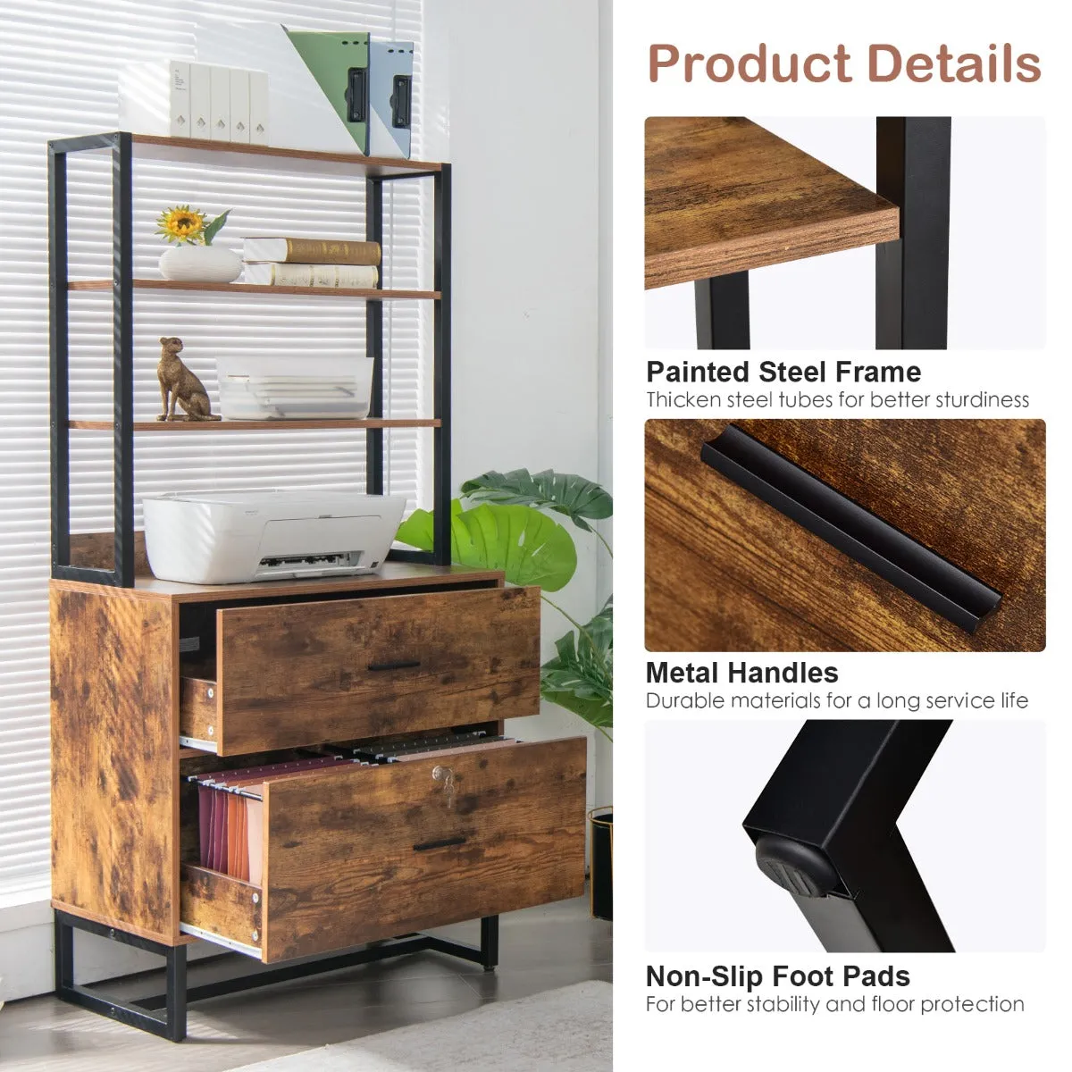 NNECW Freestanding 4-Tier Letter Size Lateral File Cabinet with Lock & Bookshelf
