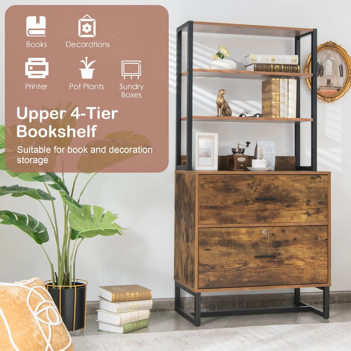 NNECW Freestanding 4-Tier Letter Size Lateral File Cabinet with Lock & Bookshelf