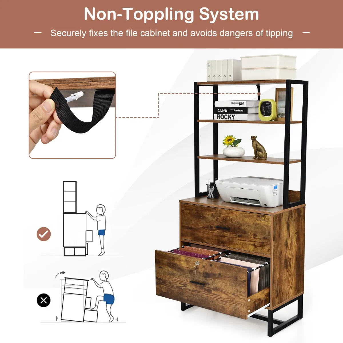 NNECW Freestanding 4-Tier Letter Size Lateral File Cabinet with Lock & Bookshelf