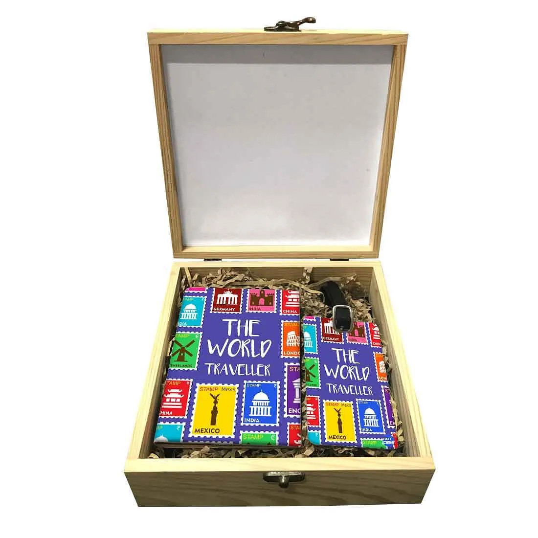 Passport Cover Luggage Tag Wooden Gift Box Set - The World Traveller