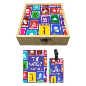 Passport Cover Luggage Tag Wooden Gift Box Set - The World Traveller