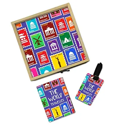 Passport Cover Luggage Tag Wooden Gift Box Set - The World Traveller
