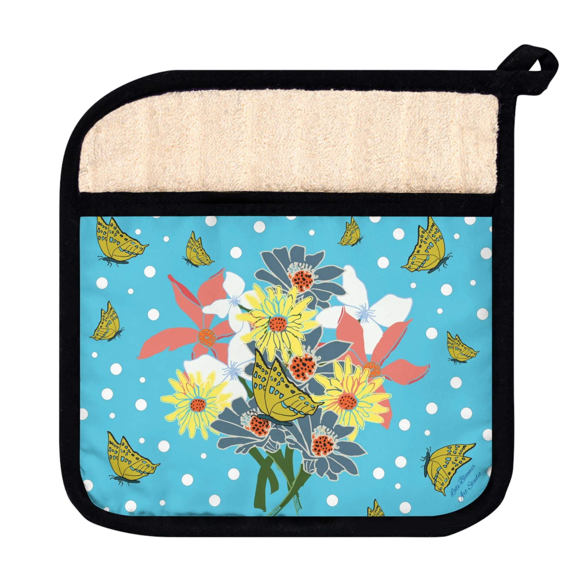 Pot Holder with Pocket - Tropical Blue Floral Bouquet