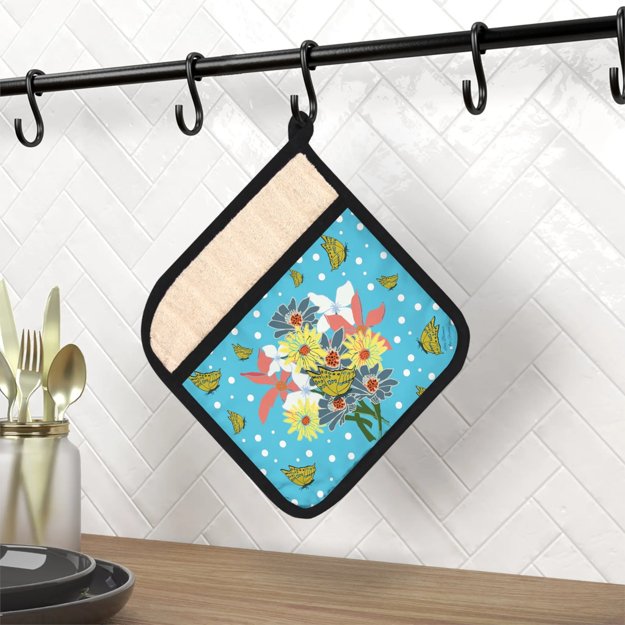 Pot Holder with Pocket - Tropical Blue Floral Bouquet
