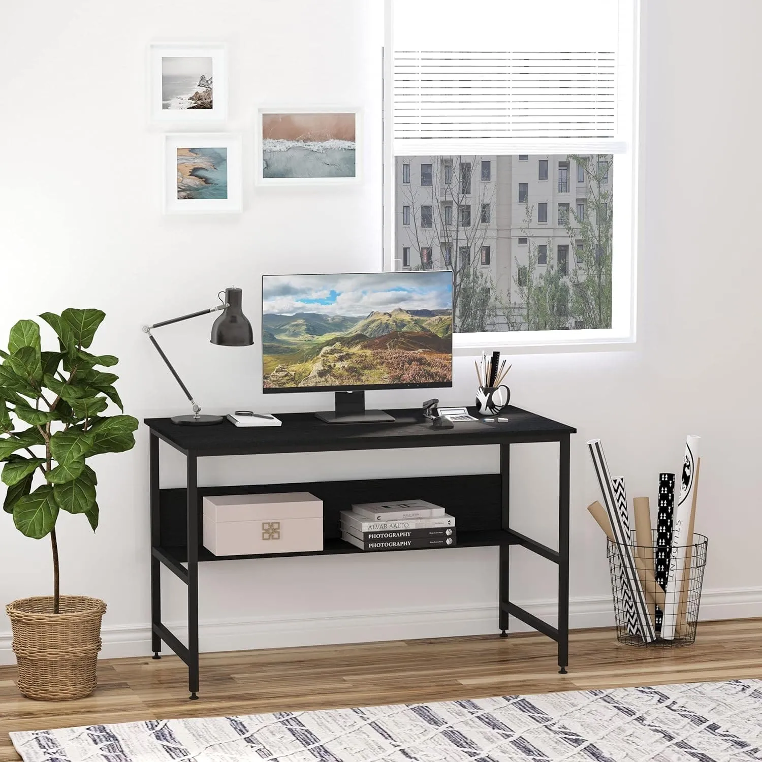 ProperAV Extra 120 x 60cm Home Office Desk with Storage Shelf & Metal Frame