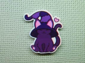Purple Cat with a Witches Hat Needle Minder, Cover Minder, Magnet