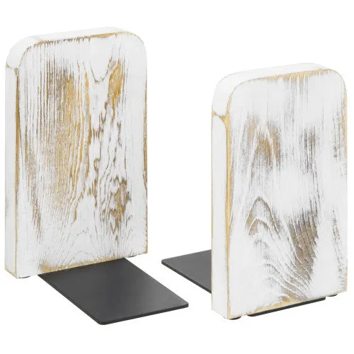 Square Whitewashed Wood Bookends, Set of 2
