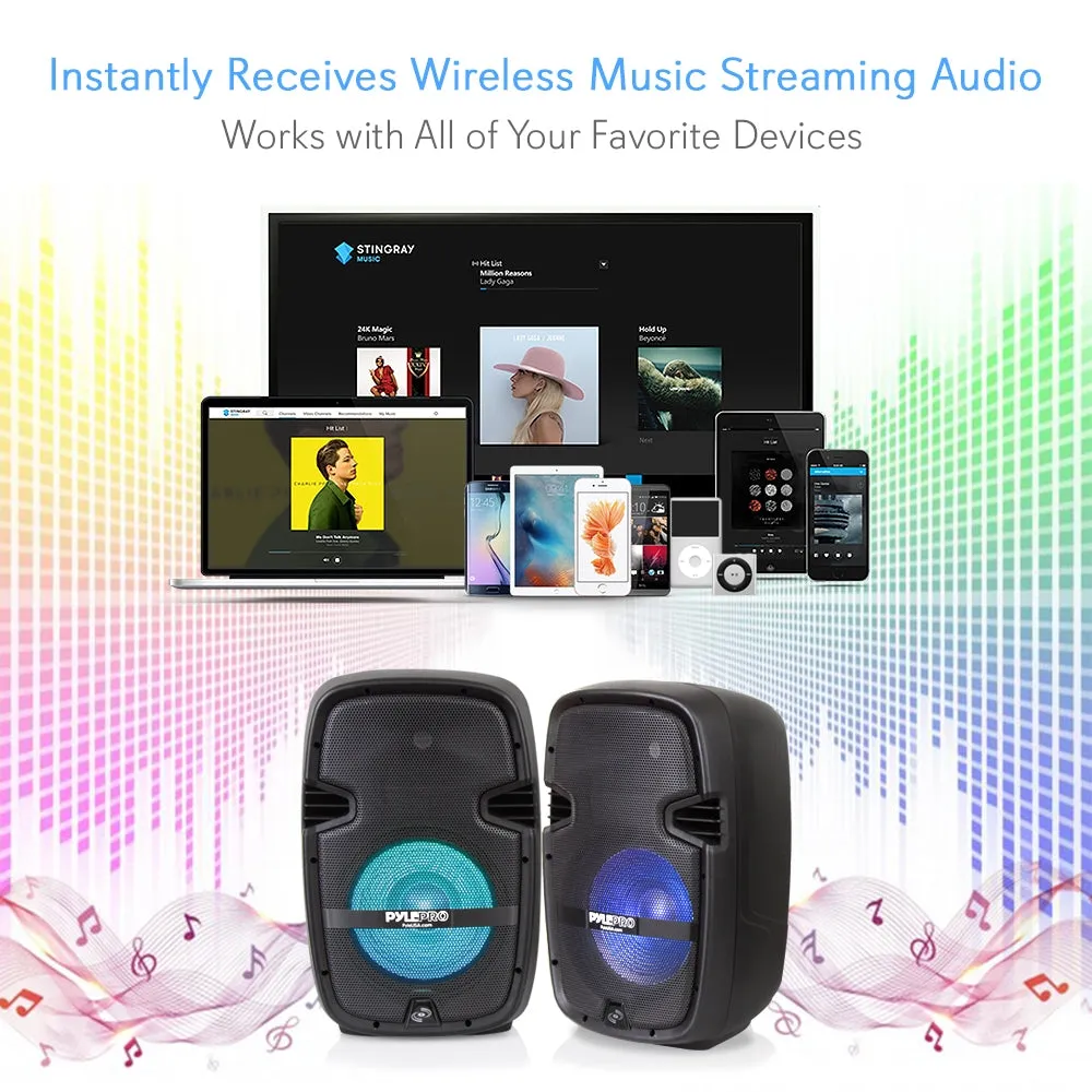 Stage & Studio Pa Speaker & Dj Mixer Bundle Kit - (2) 10’’ Bluetooth Pa Loud-Speakers With Built-In Led Lights, 8-Ch. Audio Mixer, Speaker Stands, Wired Microphone (600 Watt)