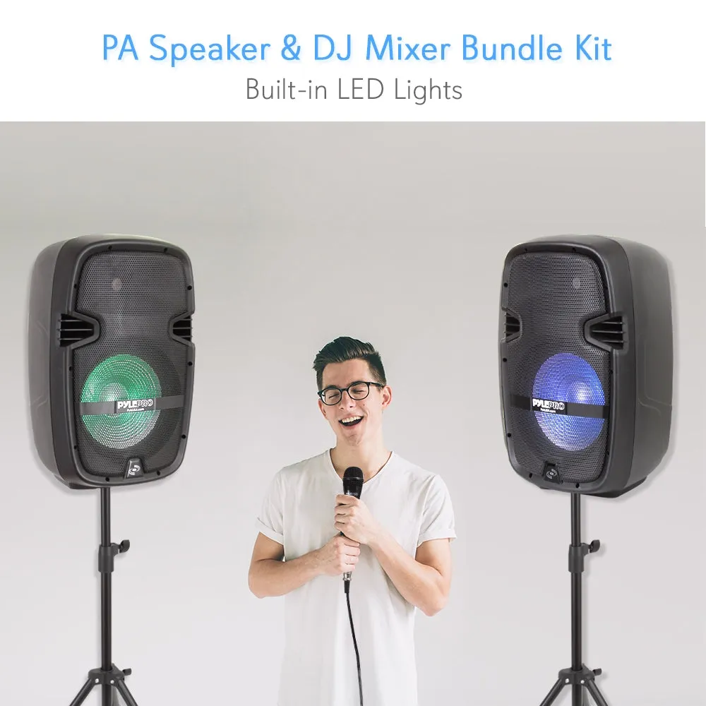 Stage & Studio Pa Speaker & Dj Mixer Bundle Kit - (2) 10’’ Bluetooth Pa Loud-Speakers With Built-In Led Lights, 8-Ch. Audio Mixer, Speaker Stands, Wired Microphone (600 Watt)