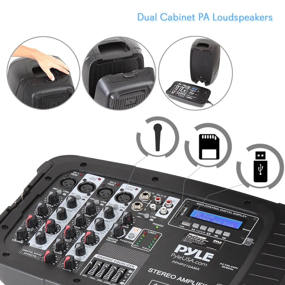 Stage & Studio Pa Speaker & Dj Mixer Bundle Kit - (2) 10’’ Bluetooth Pa Loud-Speakers With Built-In Led Lights, 8-Ch. Audio Mixer, Speaker Stands, Wired Microphone (600 Watt)
