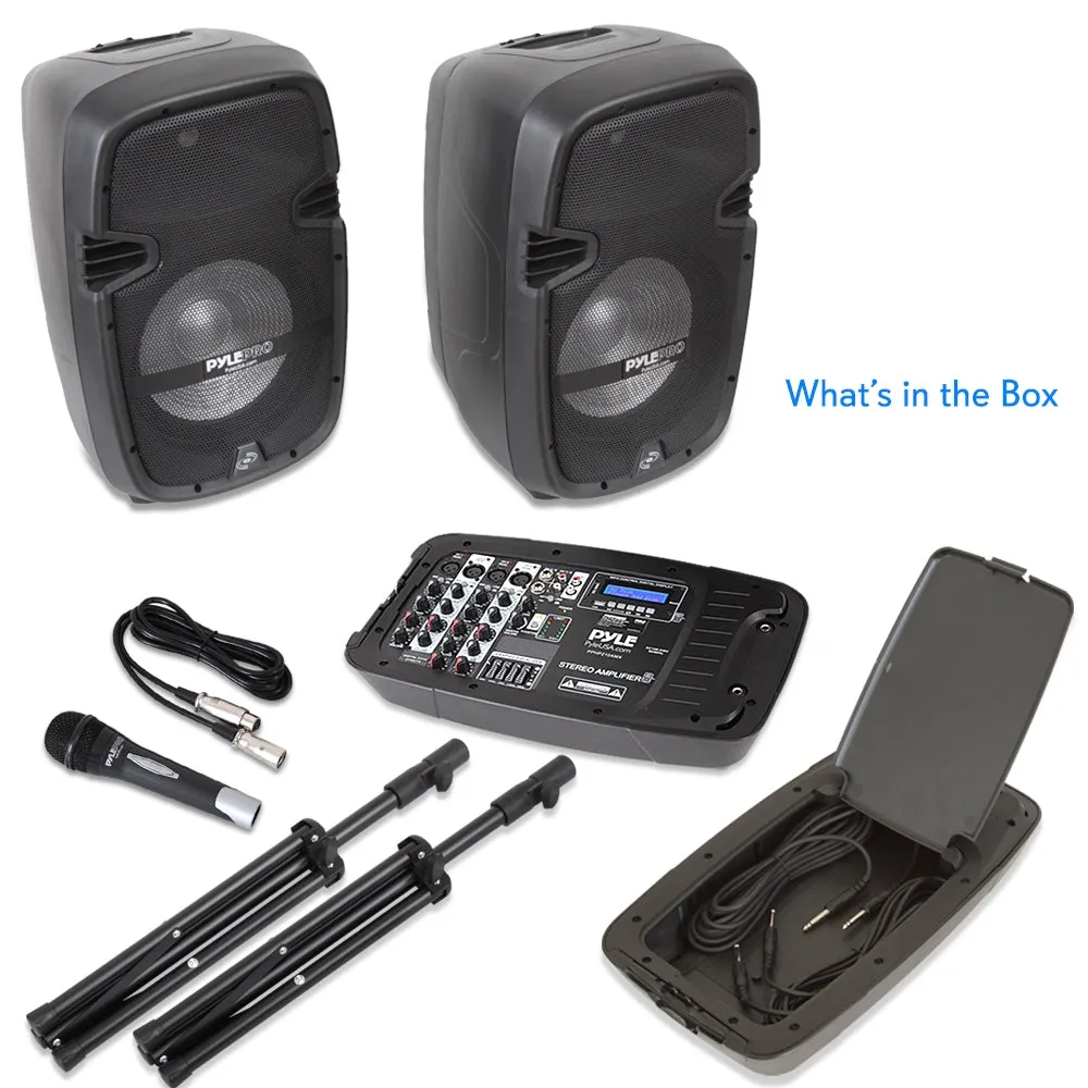 Stage & Studio Pa Speaker & Dj Mixer Bundle Kit - (2) 10’’ Bluetooth Pa Loud-Speakers With Built-In Led Lights, 8-Ch. Audio Mixer, Speaker Stands, Wired Microphone (600 Watt)