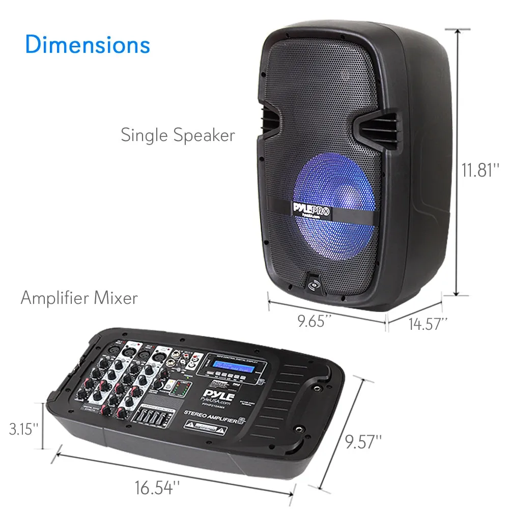 Stage & Studio Pa Speaker & Dj Mixer Bundle Kit - (2) 10’’ Bluetooth Pa Loud-Speakers With Built-In Led Lights, 8-Ch. Audio Mixer, Speaker Stands, Wired Microphone (600 Watt)