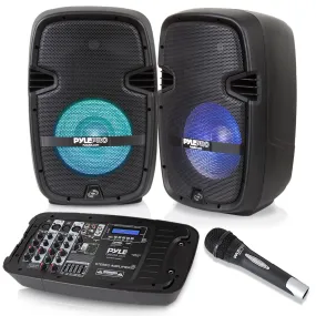 Stage & Studio Pa Speaker & Dj Mixer Bundle Kit - (2) 10’’ Bluetooth Pa Loud-Speakers With Built-In Led Lights, 8-Ch. Audio Mixer, Speaker Stands, Wired Microphone (600 Watt)