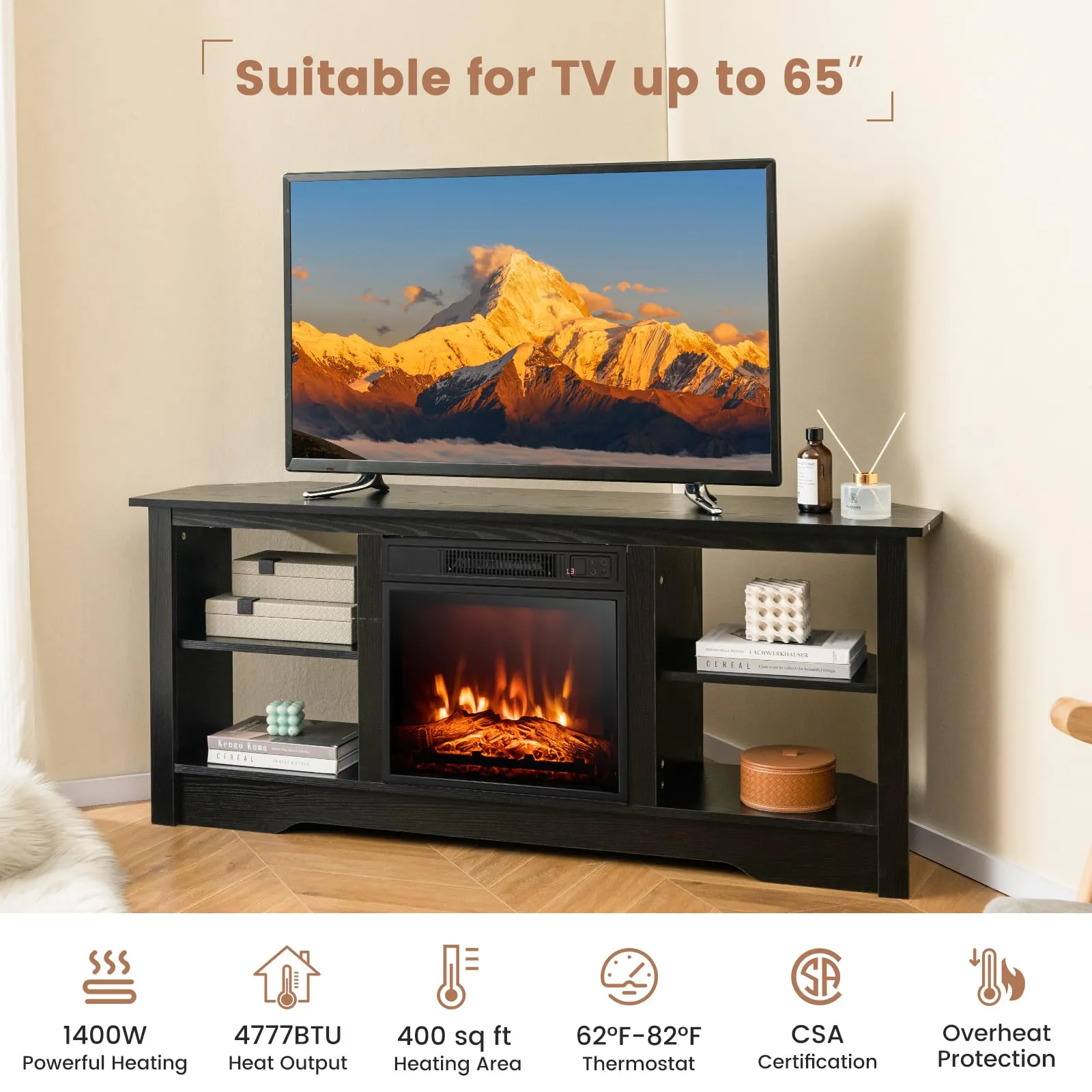 Tangkula 58” Fireplace TV Stand, Home Entertainment Center with 18” 1400W Electric Fireplace