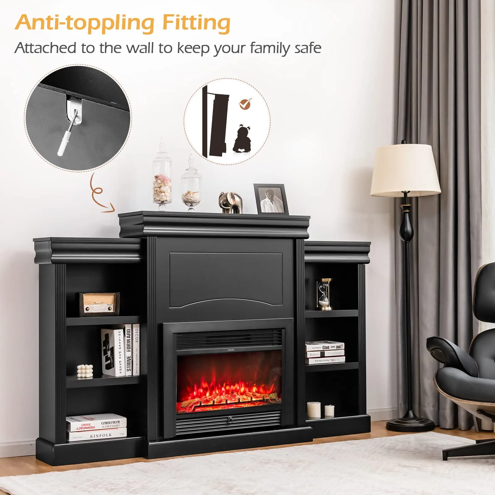 Tangkula 70 Inches Freestanding Mantel Stand, Modern Media Fireplace Cabinet for Living Room Bedroom (Stand Only)