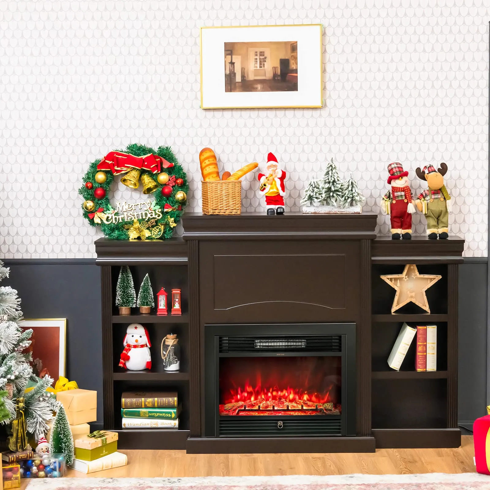 Tangkula 70 Inches Freestanding Mantel Stand, Modern Media Fireplace Cabinet for Living Room Bedroom (Stand Only)