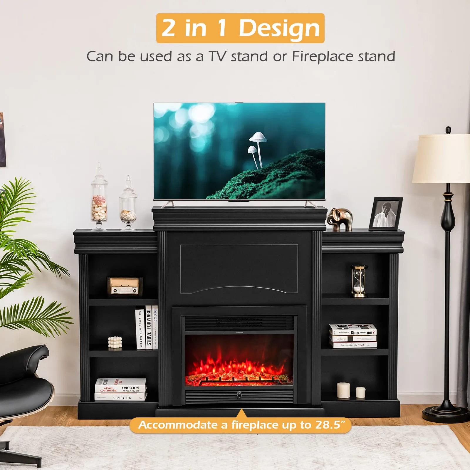 Tangkula 70 Inches Freestanding Mantel Stand, Modern Media Fireplace Cabinet for Living Room Bedroom (Stand Only)