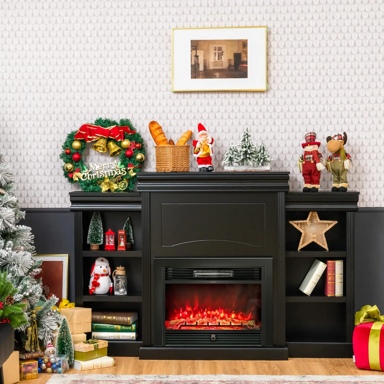 Tangkula 70 Inches Freestanding Mantel Stand, Modern Media Fireplace Cabinet for Living Room Bedroom (Stand Only)