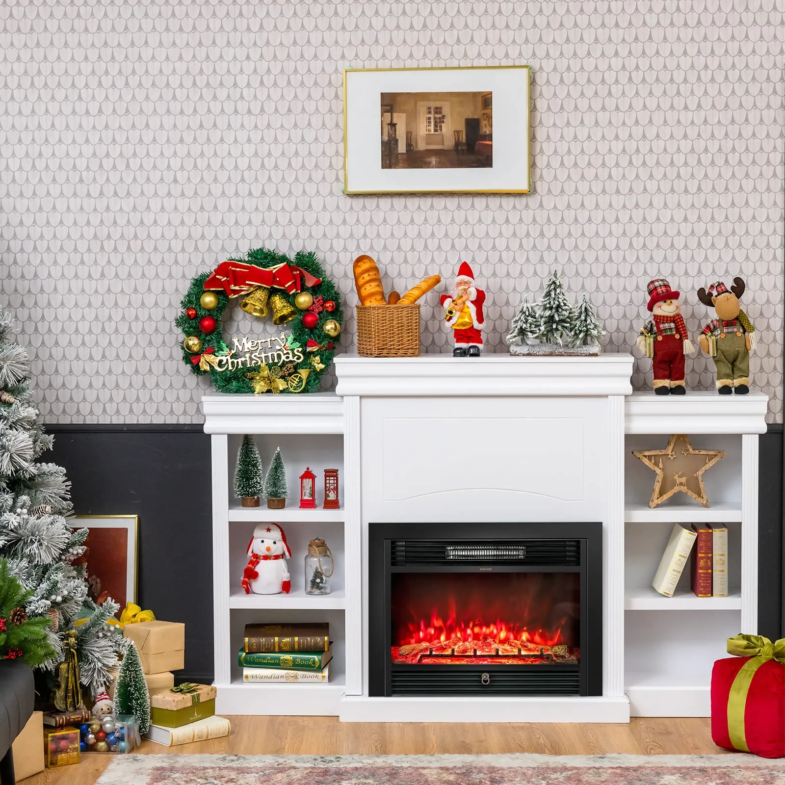 Tangkula 70 Inches Freestanding Mantel Stand, Modern Media Fireplace Cabinet for Living Room Bedroom (Stand Only)