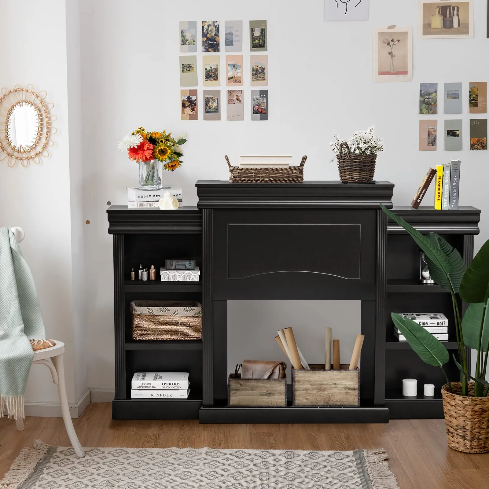 Tangkula 70 Inches Freestanding Mantel Stand, Modern Media Fireplace Cabinet for Living Room Bedroom (Stand Only)