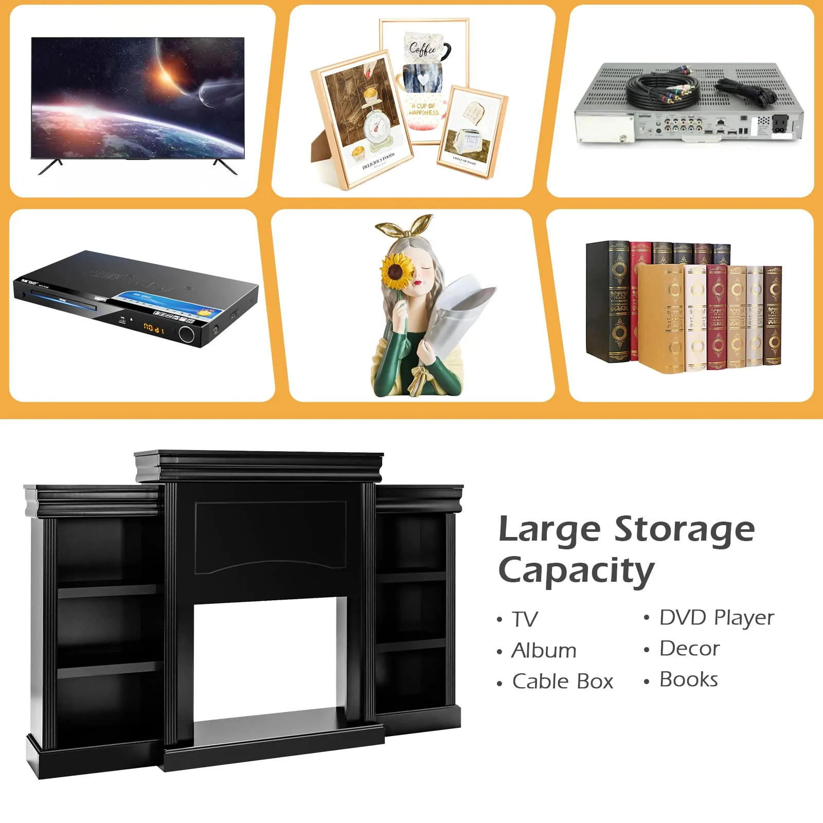 Tangkula 70 Inches Freestanding Mantel Stand, Modern Media Fireplace Cabinet for Living Room Bedroom (Stand Only)