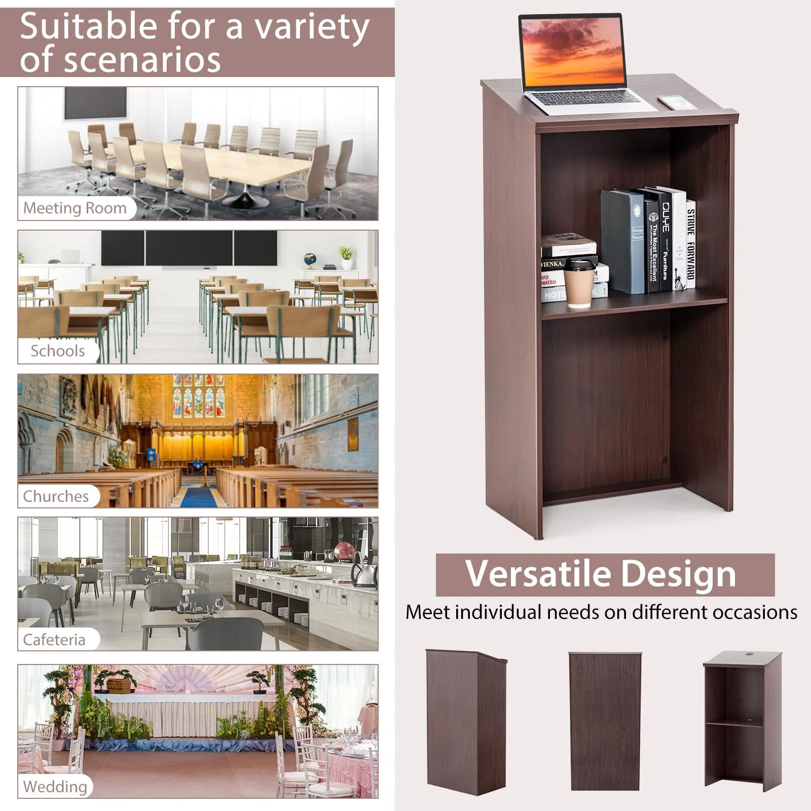 Tangkula Floor Standing Podium, Wooden Speaking Lectern with Adjustable Shelf