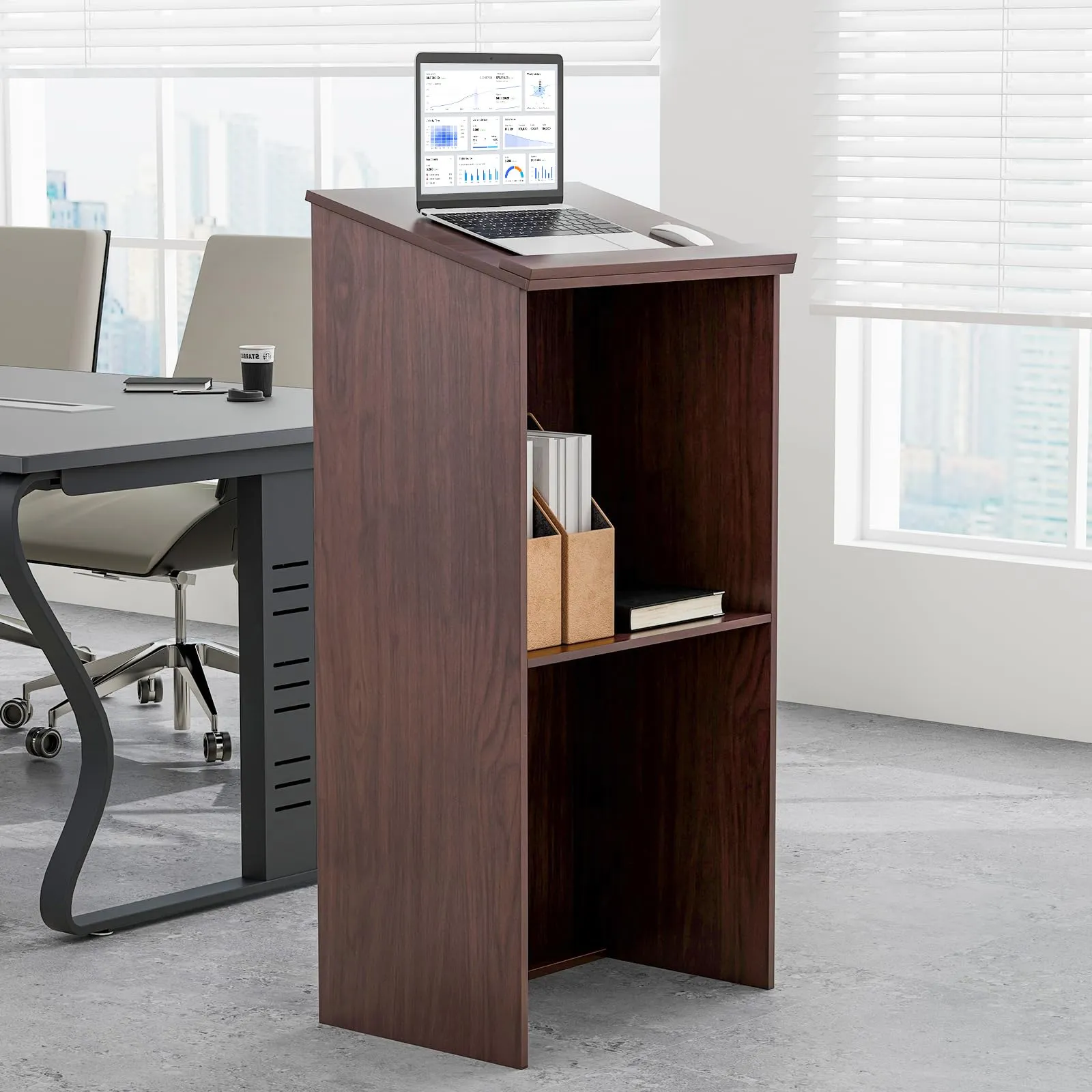 Tangkula Floor Standing Podium, Wooden Speaking Lectern with Adjustable Shelf