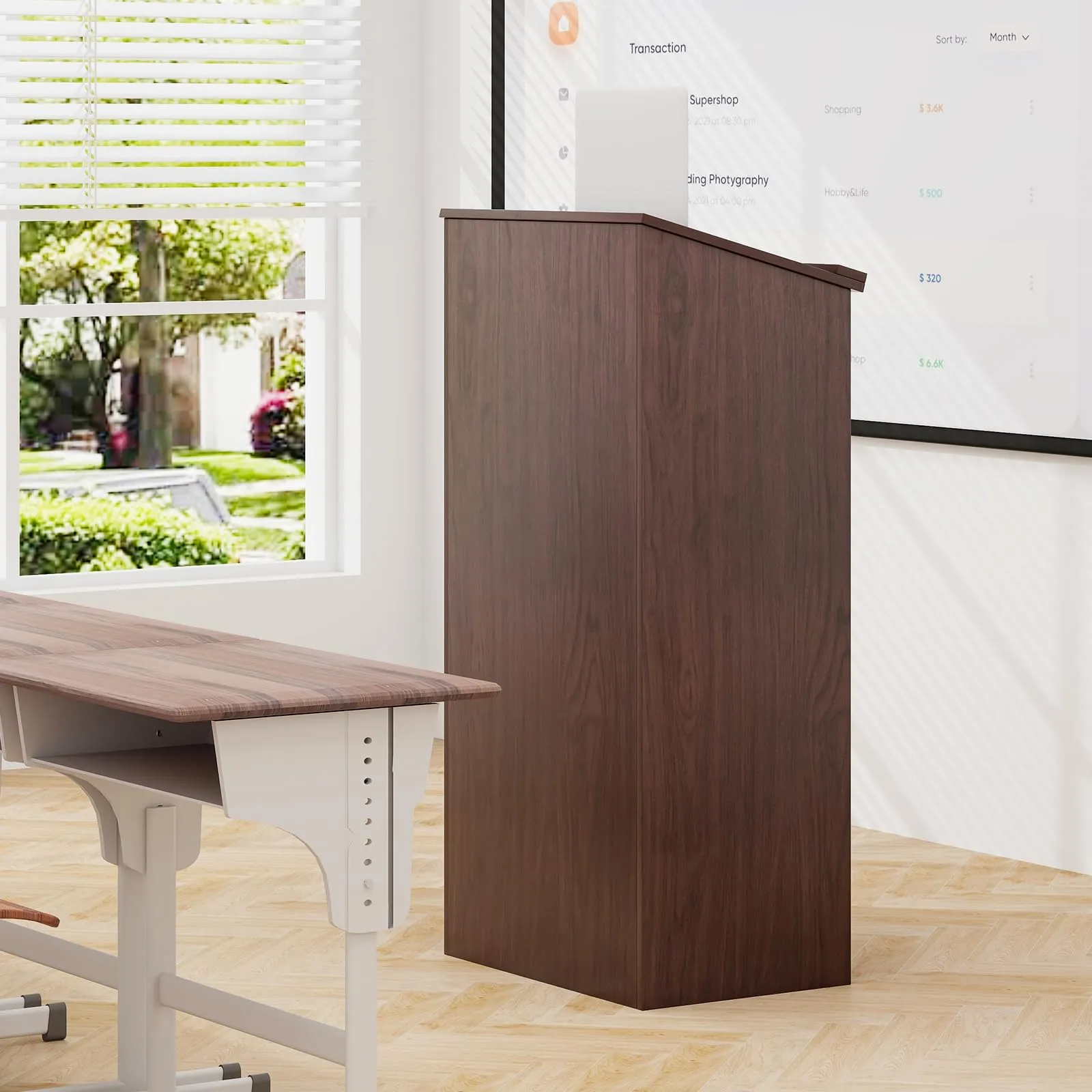 Tangkula Floor Standing Podium, Wooden Speaking Lectern with Adjustable Shelf