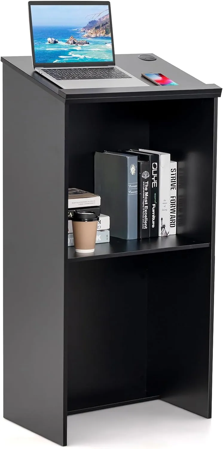 Tangkula Floor Standing Podium, Wooden Speaking Lectern with Adjustable Shelf
