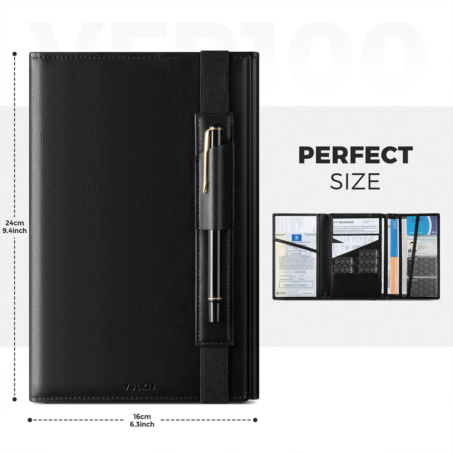 VFP100 - Car Registration and Insurance Holder Vehicle Storage Wallet Glove Box Organizer Leather Tri-fold Design for Car Keys, ID Holder, Essential Documents