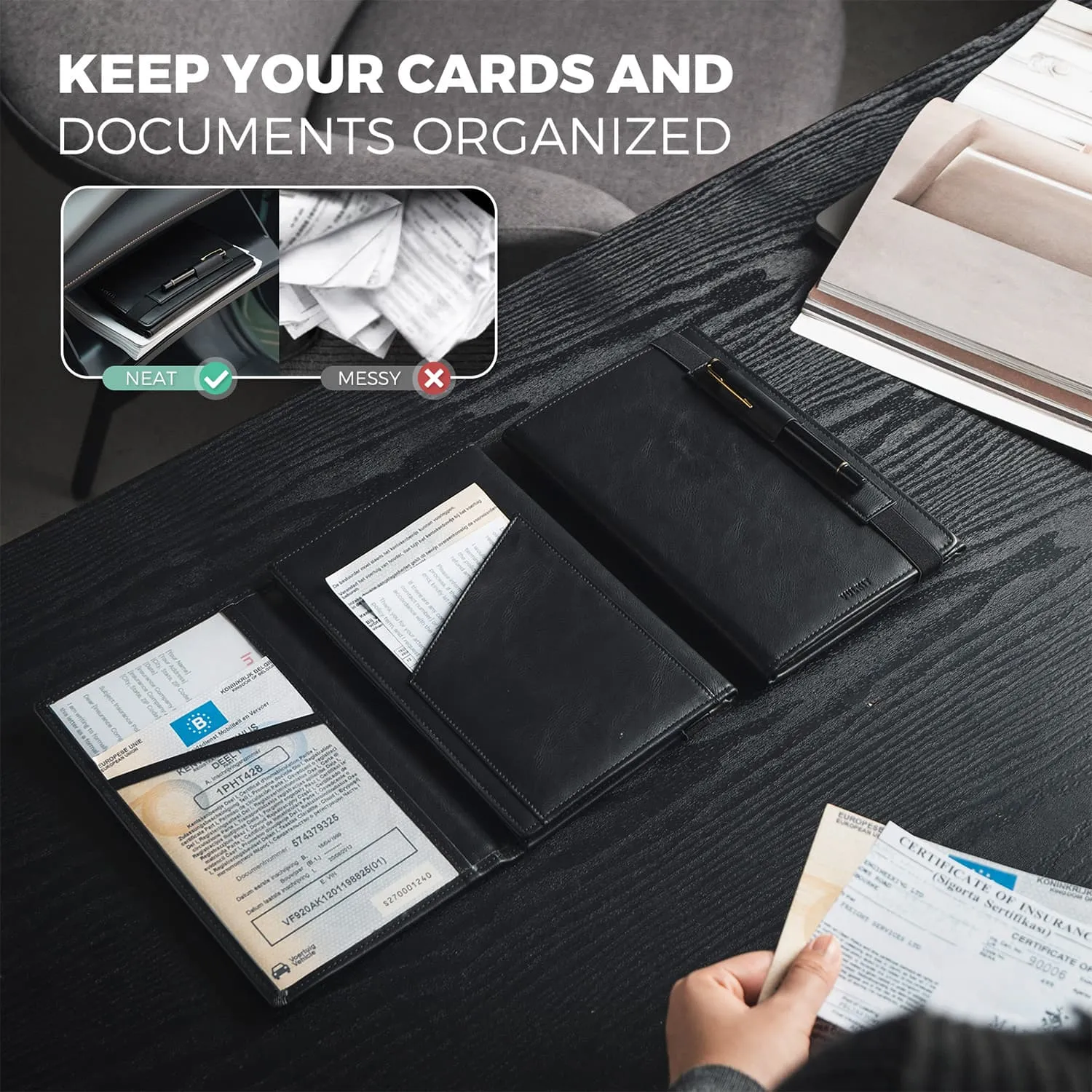 VFP100 - Car Registration and Insurance Holder Vehicle Storage Wallet Glove Box Organizer Leather Tri-fold Design for Car Keys, ID Holder, Essential Documents
