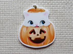 White Kitty Peeking Out of a Jack-O-Lantern Needle Minder, Cover Minder, Magnet
